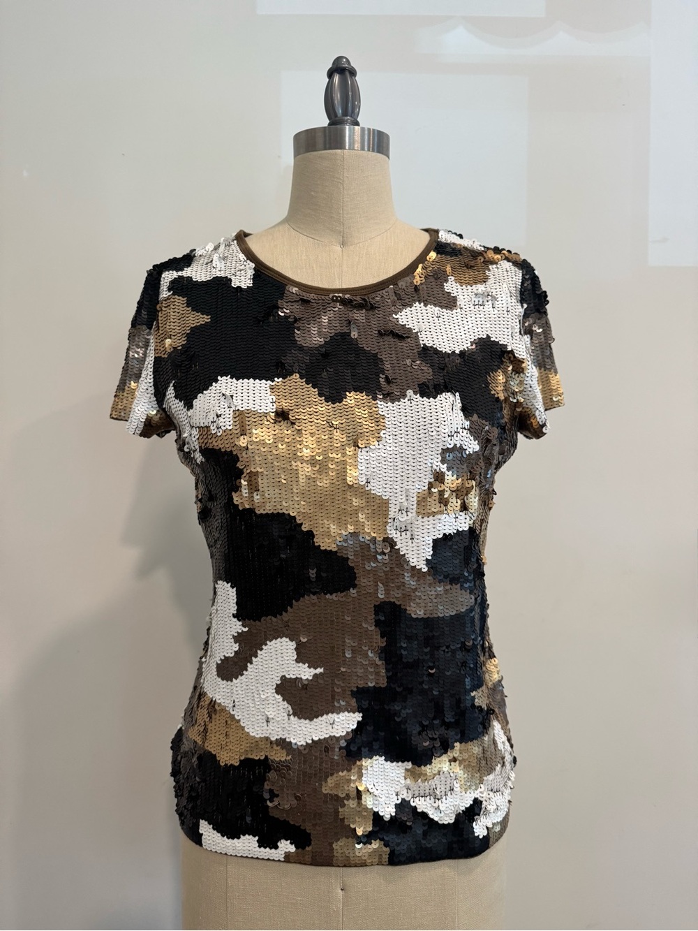 MICHAEL Michael Kors Sequin Camo Short Sleeve Top - Black, Gold, White, Brown